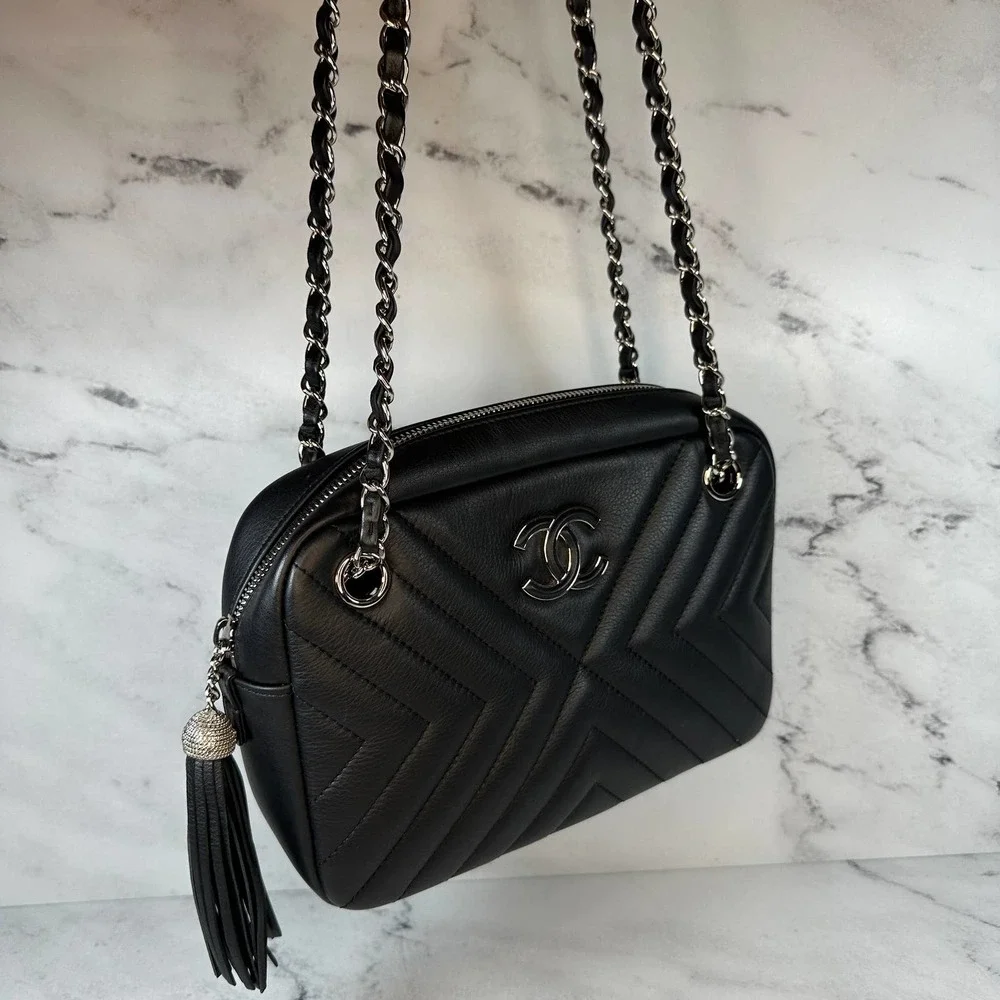 Chanel Chevron Camera Case Bag CC Black Diagonal Shoulder Purse Handbag Silver - Picture 7 of 16